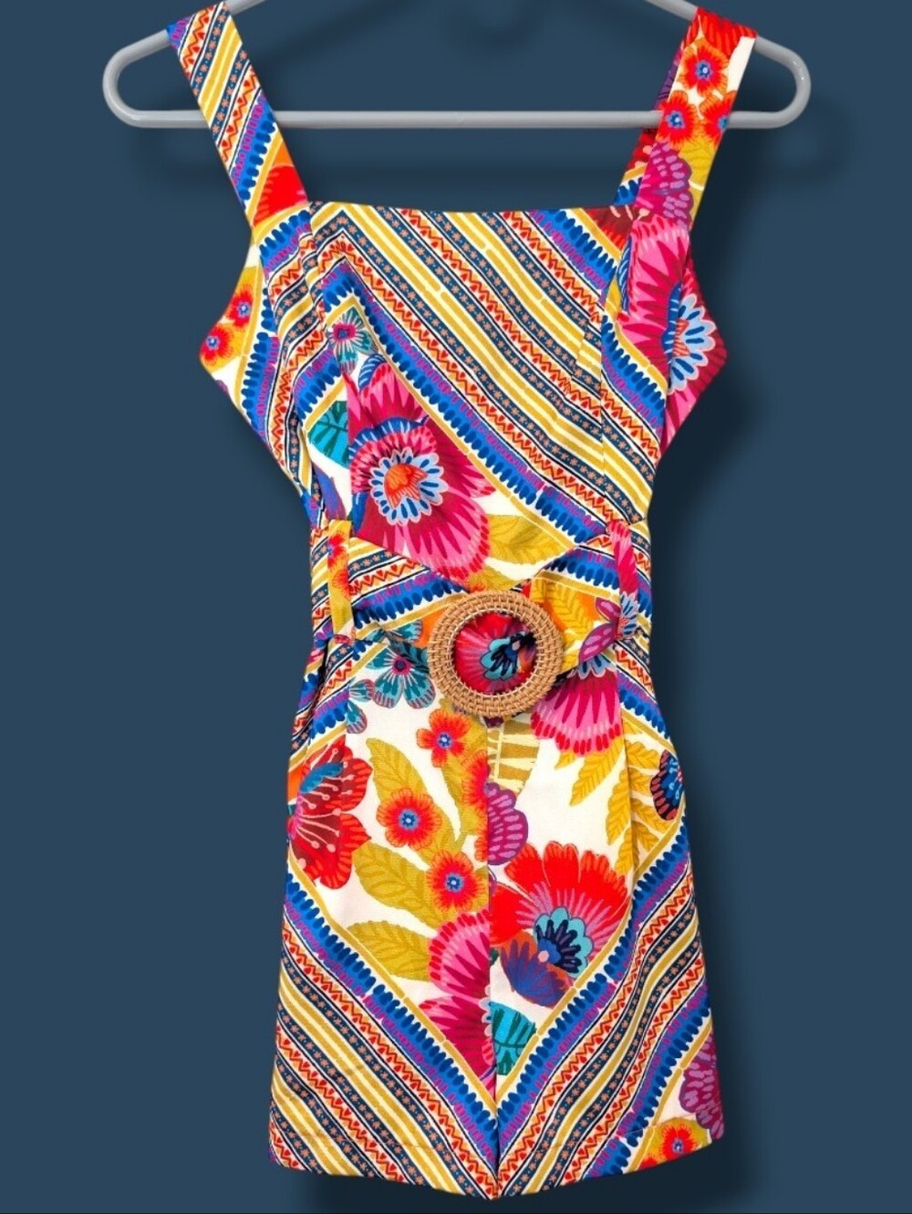 Lavender Brown Colorful Floral Square Neck Sleeveless Belted Satin Romper